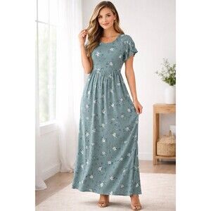 Suzanne Betro Women's XL Sage Green Floral Empire Waist Maxi Dress Ruffle Sleeve